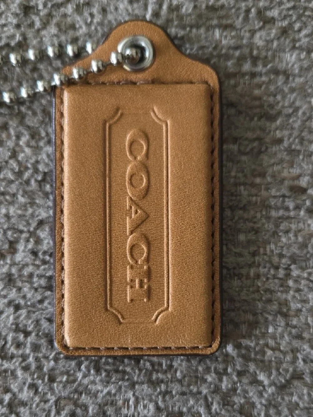 Coach Tan Leather Tag Keychain with Silver Carriage Charm